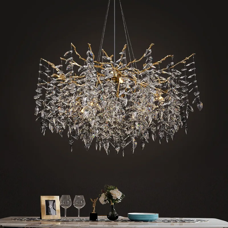 

Designer Crystal Chrome Chandelier Silver Gold Hanging Light Luxury Villa Living Dining Room Lamp Tree Branch Chandeliers Led