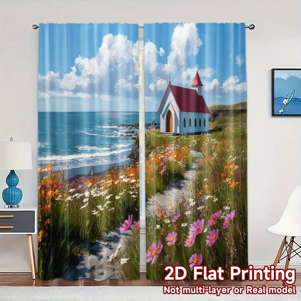 2pcs, 2D FLAT PRINTING Curtains (Without Rod) Seaside Chapel Print Modern Curtains Durable Polyester Curtains Thermal