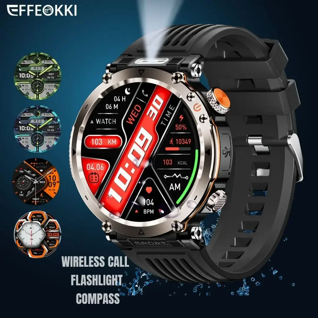 EFFEOKKI Smartwatch for Men Large IPS Display Wireless Calling Fitness Tracker 100+ Modes Waterproof Compass LED Flashlight