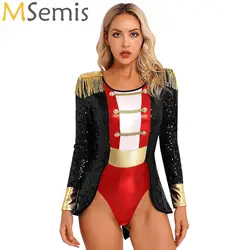 Womens Circus Costume Long Sleeve Shiny Bodysuit with Tassels Circus Director Costume Catsuit for Halloween Carnival Theme Party