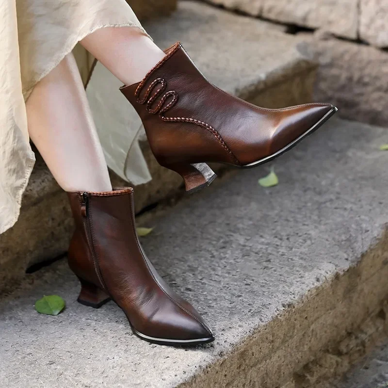 

Birkuir Retro Pointed Toe Short Boots For Women Side Zip High Top Female Shoes Genuine Leather Luxury Soft Sewing Chelsea Boots
