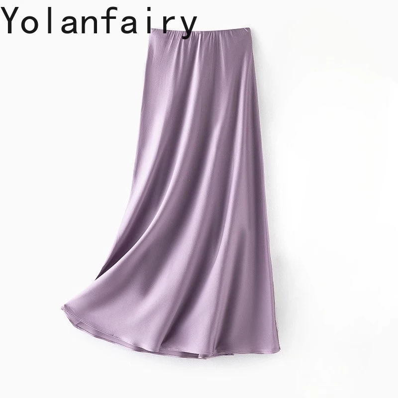 

YOLANFAIRY 93% Mulberry Silk A Line Skirt Korean Style High-waisted Fishtail Skirts Woman Summer Purple Luster Skirt jupe satin