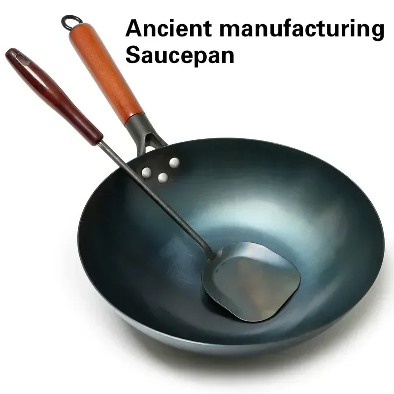 High Quality Saucepan Iron Wok Traditional Handmade Iron Wok Non-stick Pan Non-coating Induction and Gas Cooker Cookware