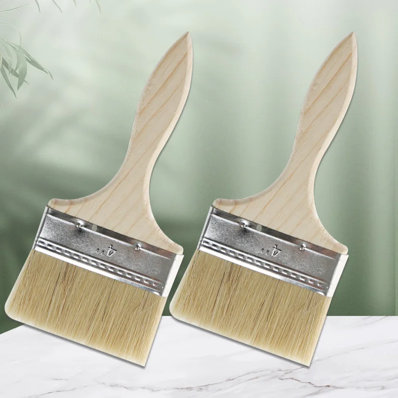 

2 hard bristled brushes with wooden handles, 4-inch paint brush, paint brush, cleaning brush