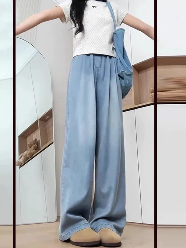 

Ice Silk Straight Leg Loose Fit Thin Summer Denim Jeans Women High Waist Wide Leg Pants Casual Style Zipper Closure