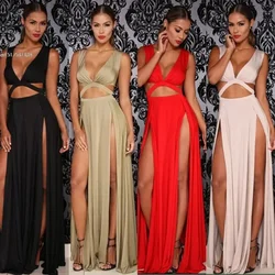 2024 women sexy sleepveless V-neck high slit hollow out bodycon bandage dress for nightclub party long Wrap Maxi dress Vestido U