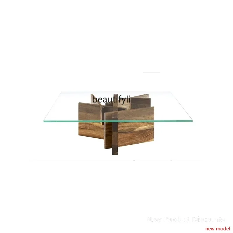

LHX26 ss 26 Italian Minimalist Glass Coffee Table Solid Wood Coffee Tea Table Living Room Square Tea Table
