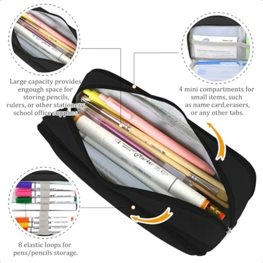مقلمة كبيرة بسعة كبيرة وحقيبة أقلام رصاص بسحاب مع 3 مقصورات منظم مكتب محمول وحامل قلم متعدد الوظائف