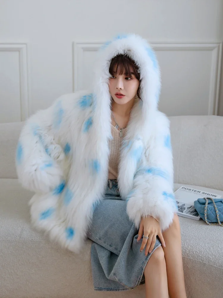 Woven Real Fox Fur Coat Hooded Fashion Young Double-sided Women's Clothing Mid-length Winter Model Knitted Thick Warm Jackets