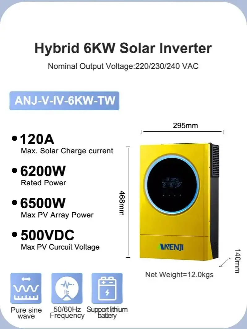 ANENJI 6KW 48V Hybrid-Netzgekoppelter Solar-Wechselrichter 230VAC Reine Sinuswelle Off-Grid Solar-Wechselrichter MPPT 120A Duale Ausgänge Eingebautes WLAN