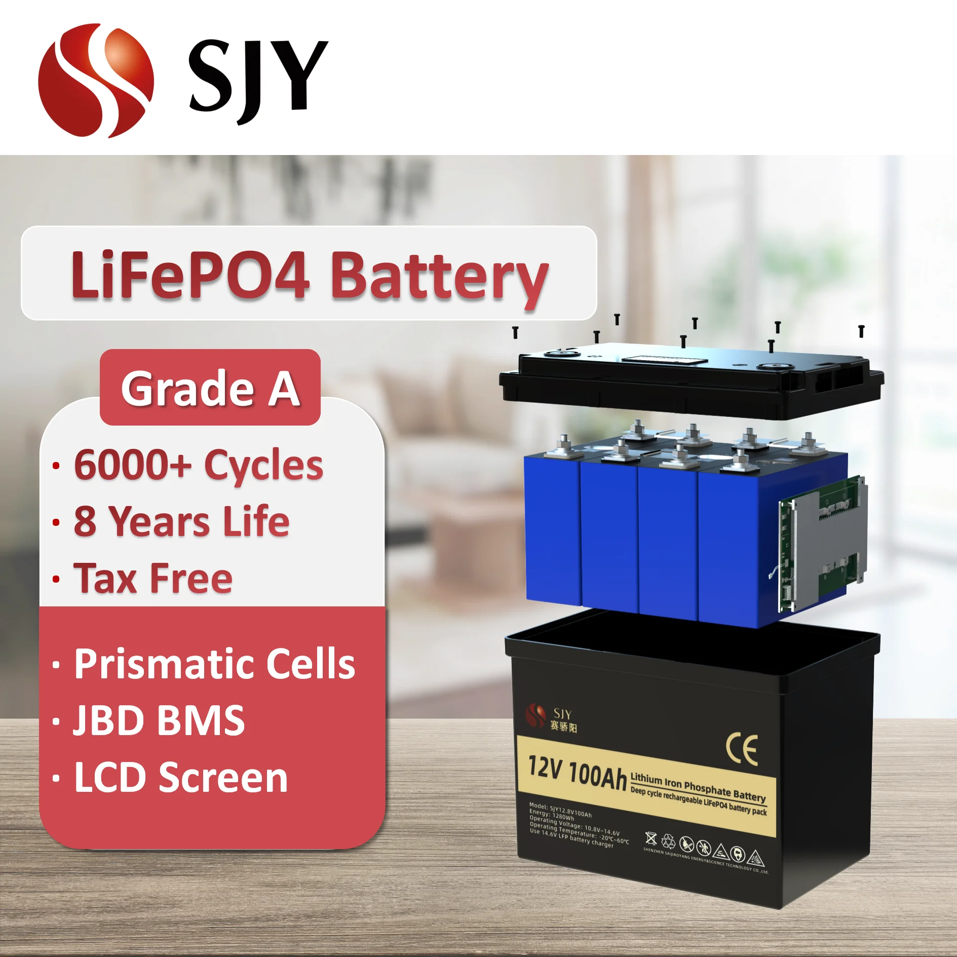 6000 Cycles New Grade A Lifepo4 12V 100Ah Lithium Battery Pack with LCD for RV Rickshaw Semi-trailer Solar System