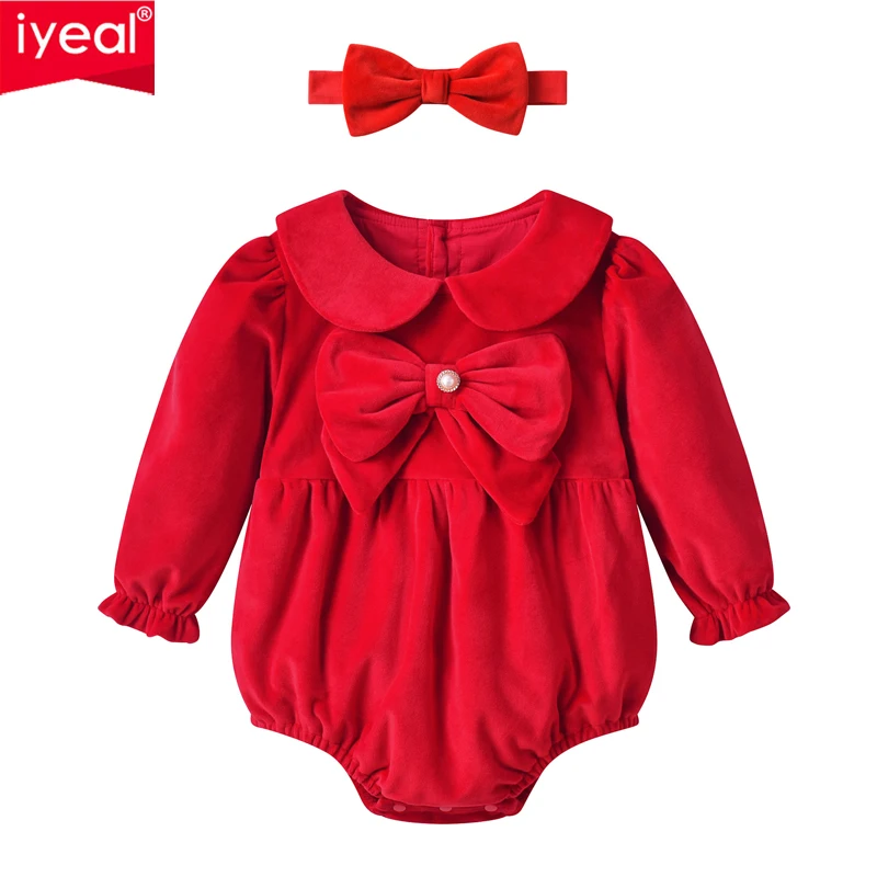 IYEAL  Princess Infant Cotton Clothing Newborn Baby Clothes With Headband Spring Autumn Long Sleeved Fashion Red BodySuit