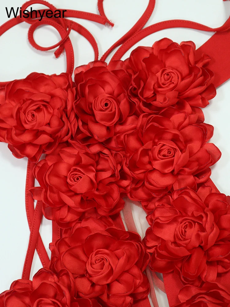 جديد الخريف الرسن أكمام عارية الذراعين انقطاع الأحمر 3D زهرة فستان طويل ماكسي للنساء أنيقة مثير مساء حفلة عيد ميلاد Vestido