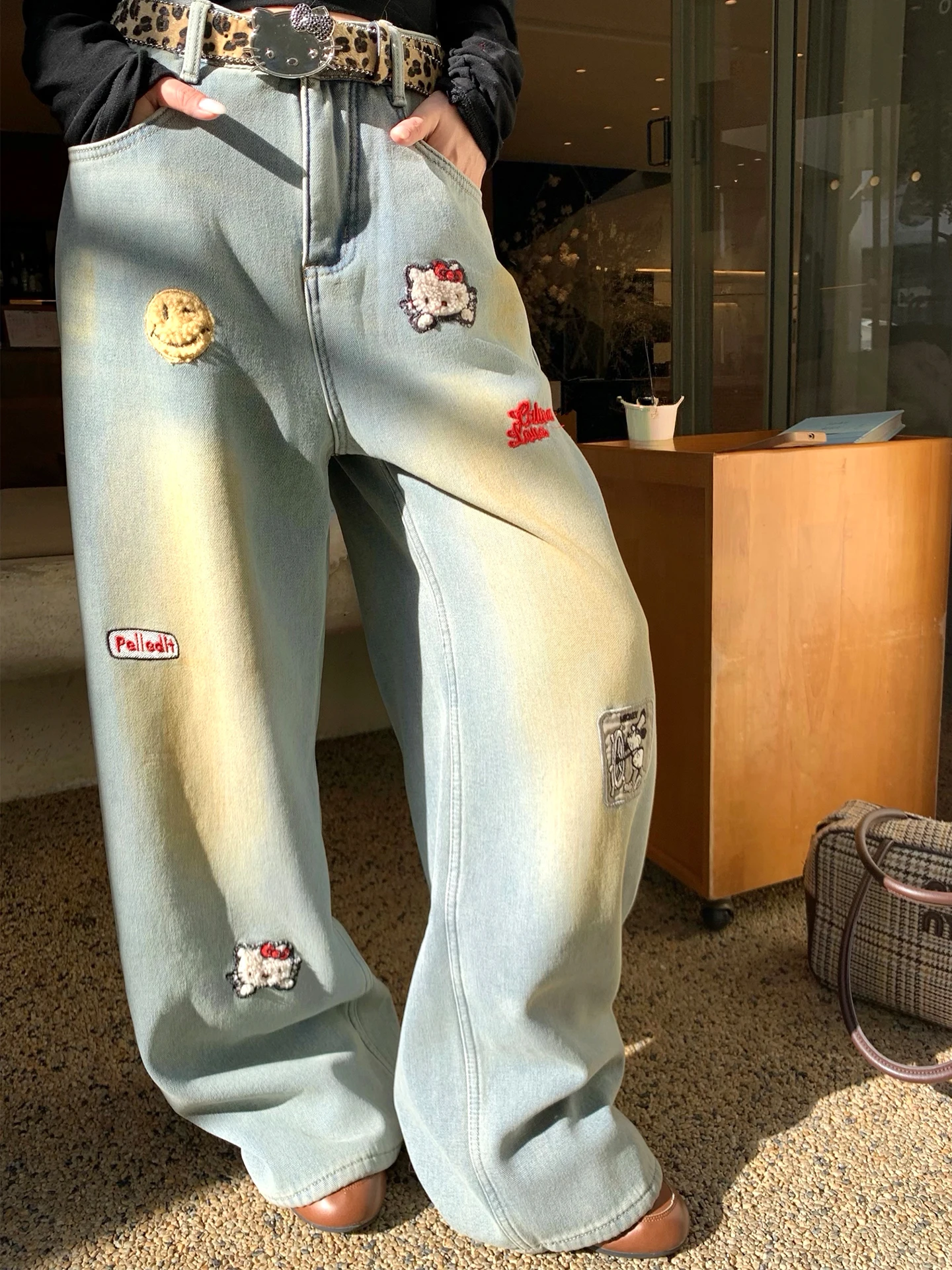 

Faionable Fce Lined Skinny Jeans Women's Loose Fit Winter Denim Pants Light Blue Kit Print Slimming Long Trousers