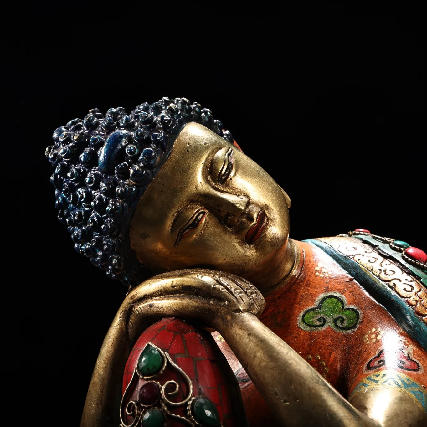 

Old Bronze Outline in gold Painted Mosaic Gem Turquoise Sleeping Buddha Shakyamuni meditation