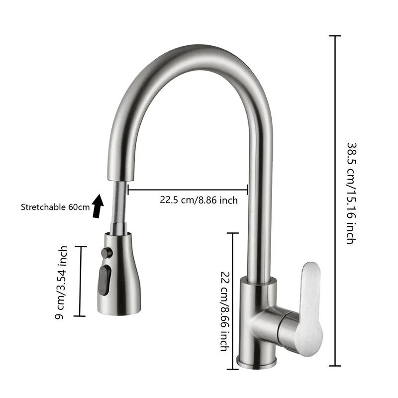 Kitchen Faucets Brushed Nickel Pull Out Kitchen Sink Water Tap Deck Mounted Mixer Stream Sprayer Head Hot Cold Taps Sliver