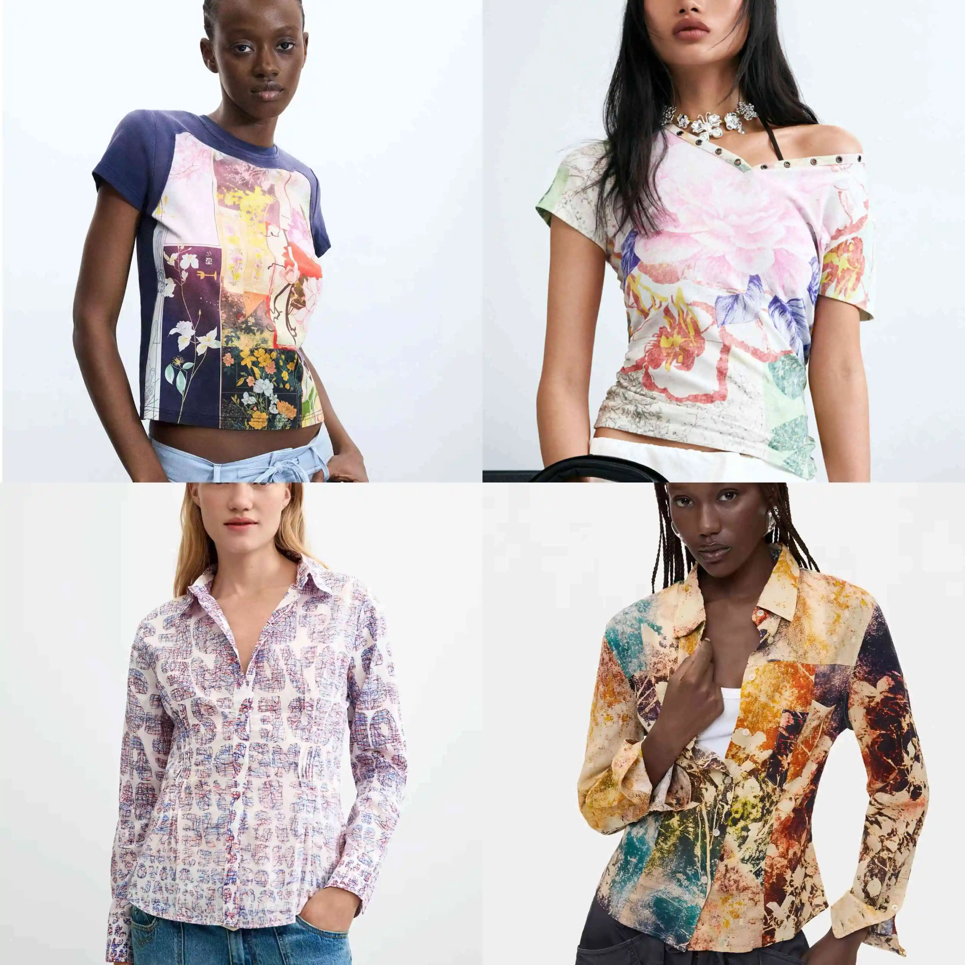 Foreign Trade Spain Original Single Women's T-shirt Elastic Printed Splicing Round Neck Waist Top