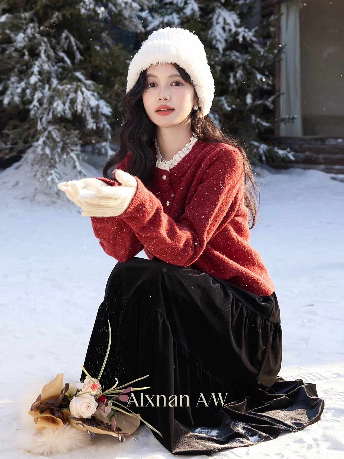 

Red Lazy Sweater Women's Beautiful Loose Fit Winter Faion Sweet Sle Long Sve round Ne Single Button Cardigan