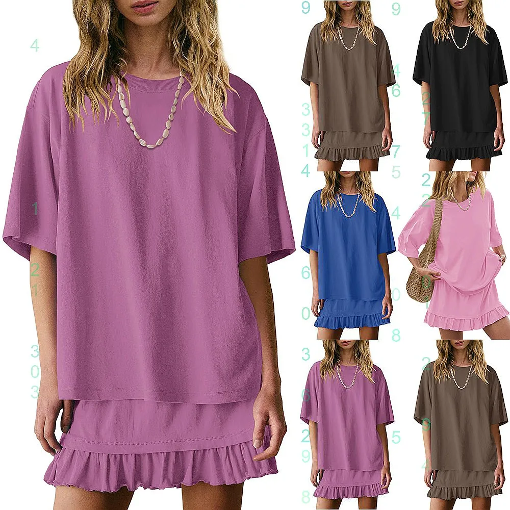 

Summer Matching Set Short Sleeve Round Neck Skirt Set Women Two Piece Lounge Sets Jumpsuit Playsuit