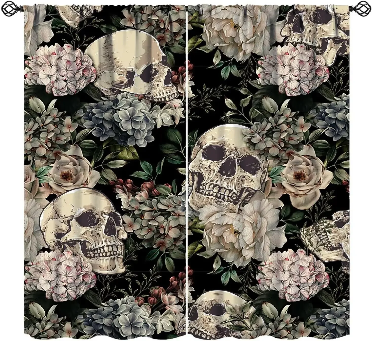 Flower Skull Blackout Curtains Vintage Halloween Scary Spooky Gothic Floral Leaves Botanical Aesthetic for Bedroom Living Room