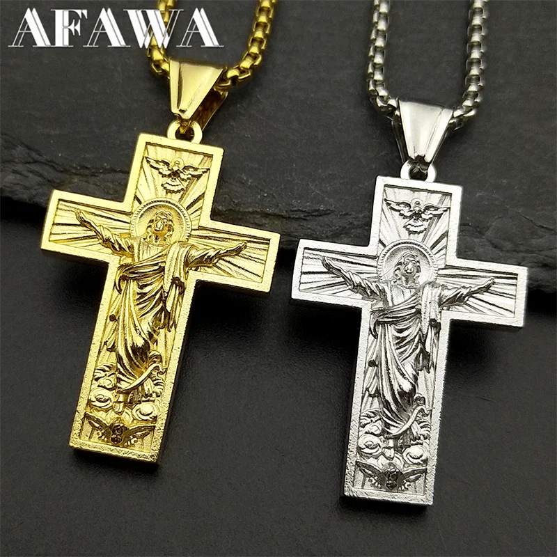 Stainless Steel Cross Jesus Pendant Necklace for Women Men Gold Color Chain Religious Crucifix Necklaces Amulet Jewelry Gift