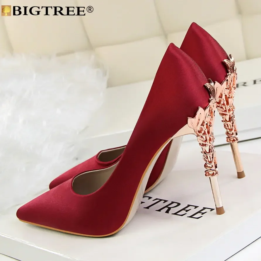 BIGTREE Women Pumps Luxury Brand Sexy Evening Dress Metal Decoration Pointed Toe Silk 10CM Thin Heels Sexy Party Women Shoes