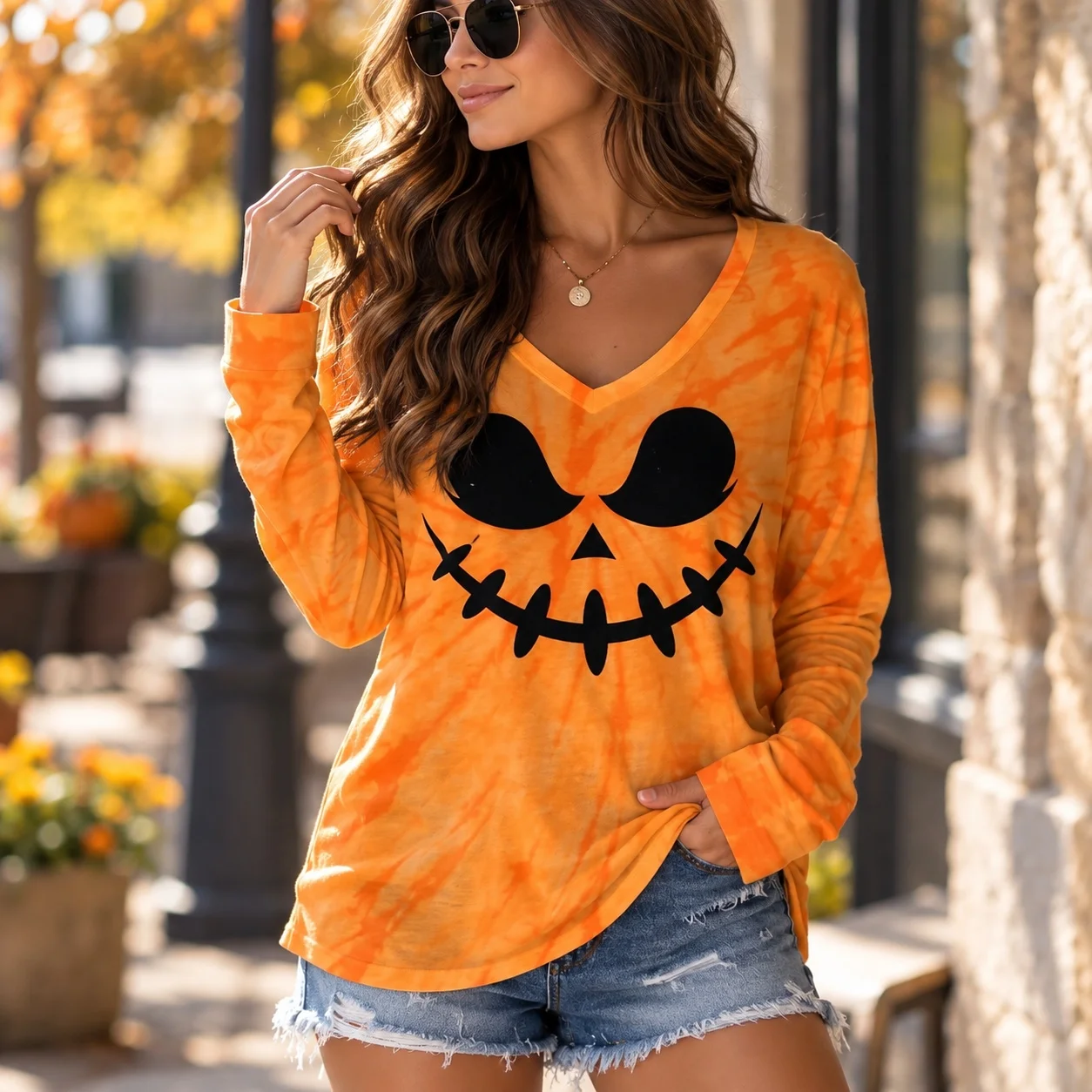 V Neck Printed Top with Long Sleeve Regular Length Elegant Socialite Style Daily Ladylike Autumn Outerwear Top for Women