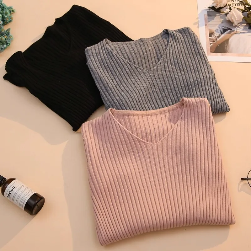 

Весенне-осенние женские свитера, повседневный вязаный пуловер с длинными рукавами и v-образным вырезом, женский базовый однотонный трикотаж, топы, модная одежда