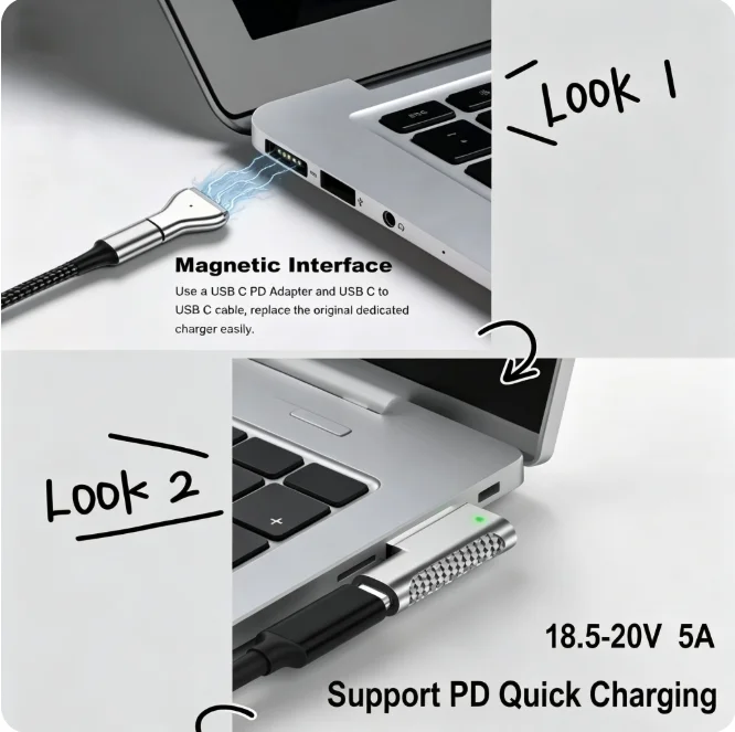 USB‑C to Magsafe2 PD Magnetic Charging Converter T‑Shape 45W 60W 85W Fast Charger Adapter for MacBook Air Pro A1466 A1502 A1398