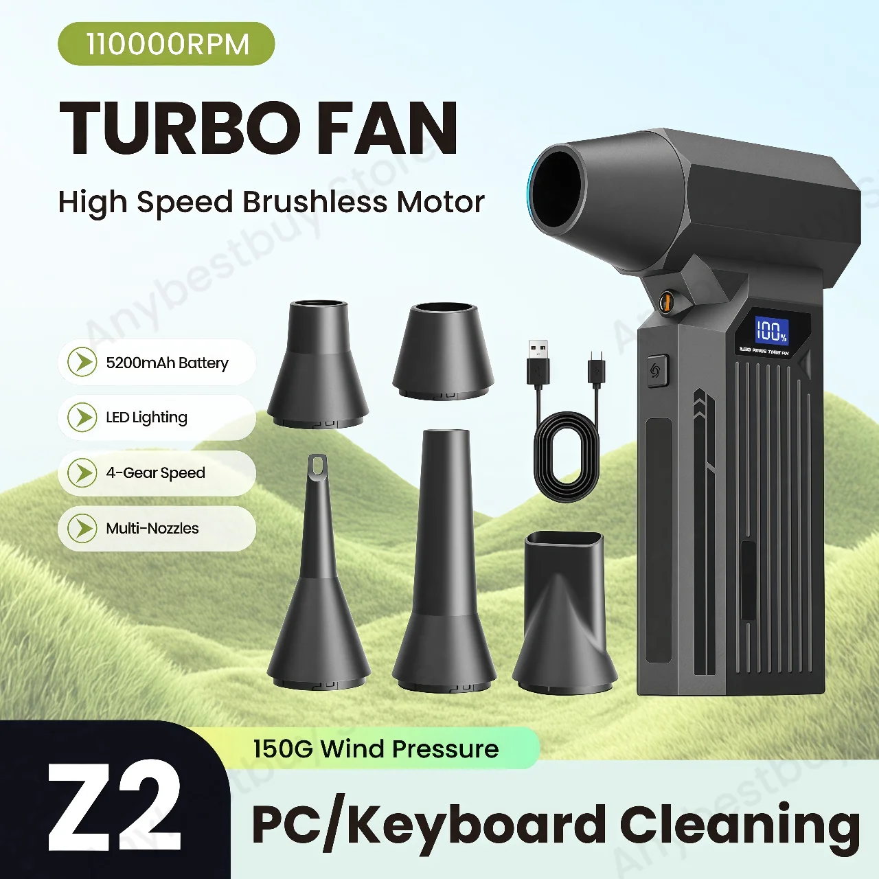 

Z2 Dust Blower 110000RMP Turbo Jet Blower 4-Gears Speed Adjustable Brushless Turbo Fan Power Display PC/Keyboard Home Cleaning