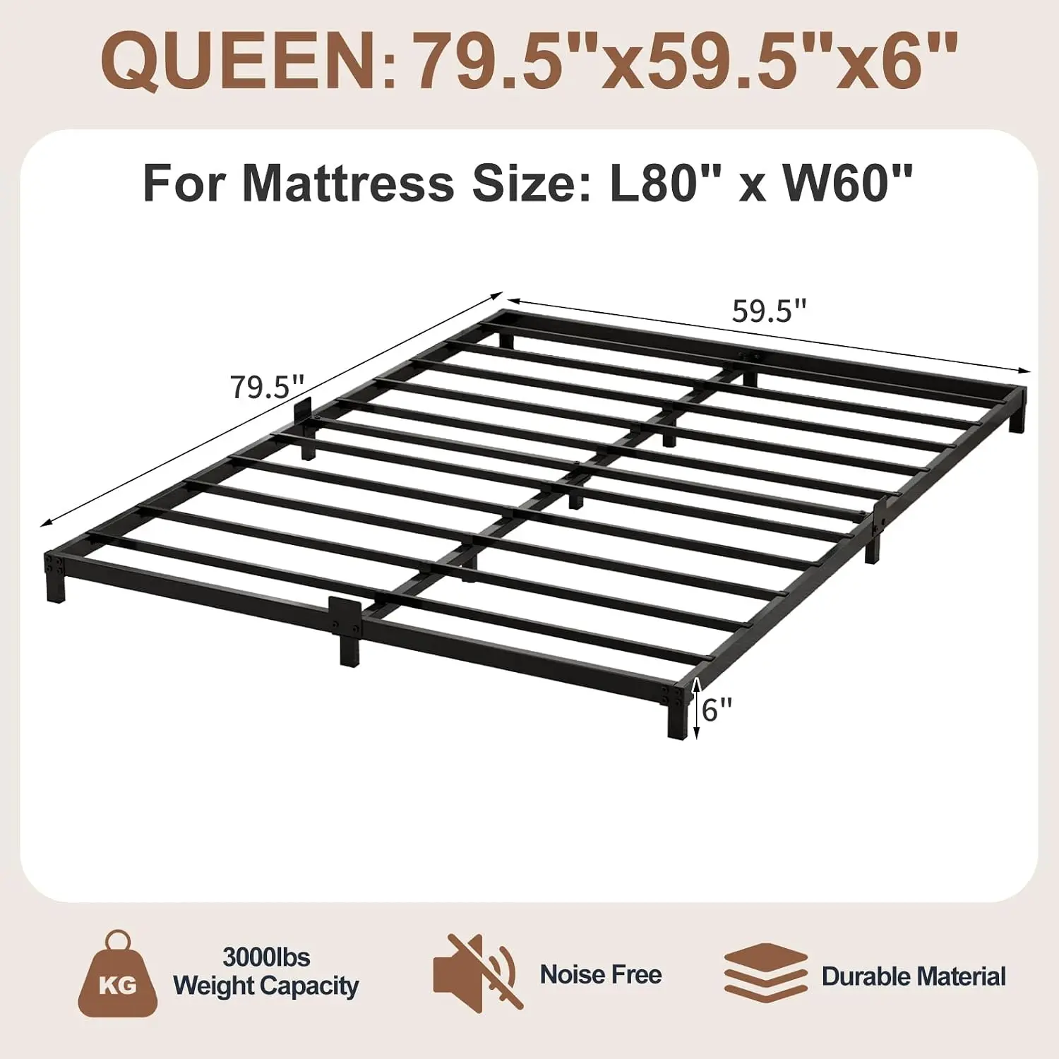 6 Inch Low Profile Queen Size Bed Frame, Noise-Free Heavy Duty Metal Platform with Mattress Stopper, No Box Spring Needed