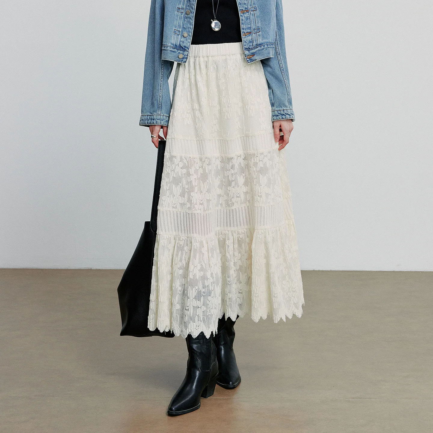 Toyoth saia de renda feminina 2025 outono novo estilo boho camada emenda cintura elástica uma linha saia na altura do tornozelo