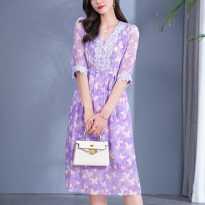 Summer Elegant Dresses for Women 2026 V-neck Half Sleeve Sequins Embroidery 100% Real Silk Butterfly Print Woman Long Dress