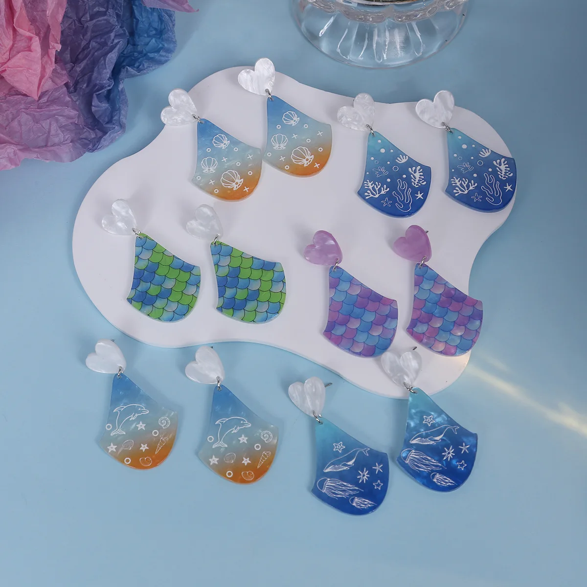 2024 Summer Ocean Style Fashion Acrylic Drop Earrings Creative Fan-shaped Gradient Embossed Fish Scale Painting Pierced Earrings