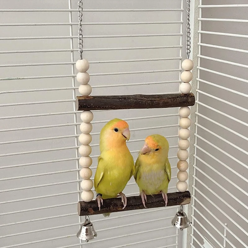 Bird Swing For Two Birds, Wooden Bird Swing With Bell Toy, Hanging Swing, Seat Swing For Small Birds And Parrots (15Cm)