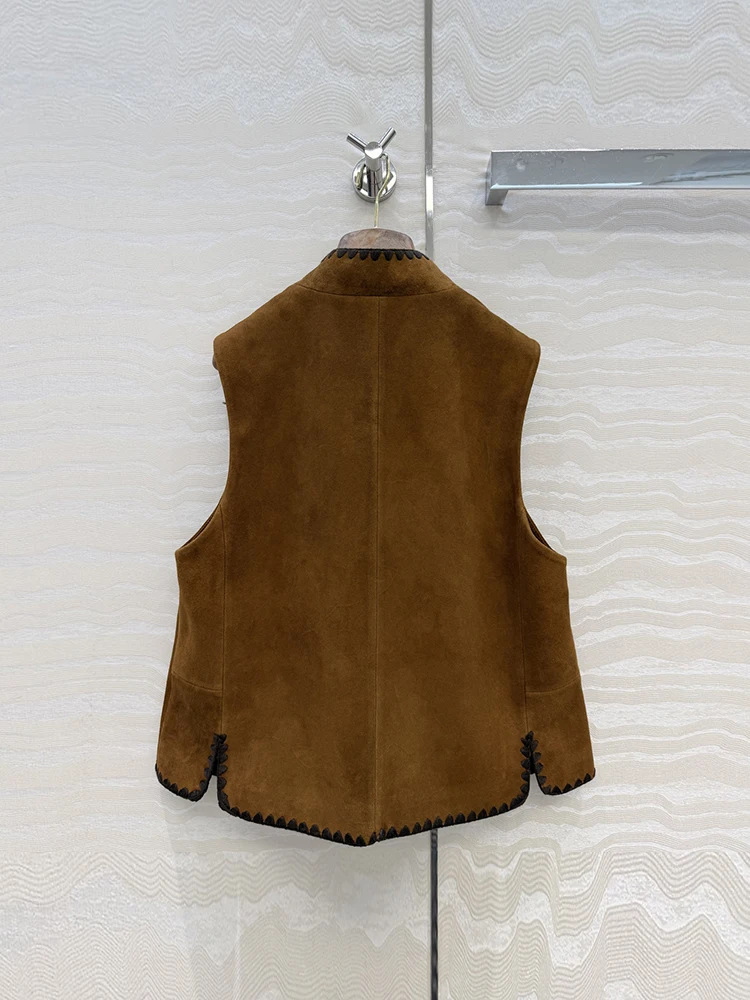 Spring Autumn Fashion Dark brown Vintage Genuine Leather Waistcoat Women's V-Neck Sleeveless Straight Barrel Fake Pocket Coat
