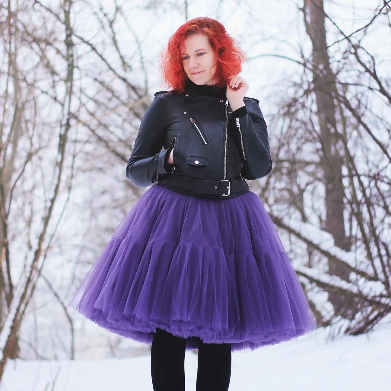 Purple Knee Length Tulle Skirts With Bright Line Decoration Stretchy Waistband Midi Tutu Tulle Skirt Can Be Custom Made