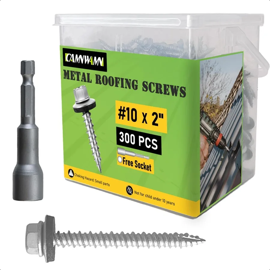 

10 x 2 Inch 300 Pcs Hex Head Metal Roofing Screws Zinc Plated Sharp Point Sheet Metal Roof Screw with Rubber Washer Self Tappin