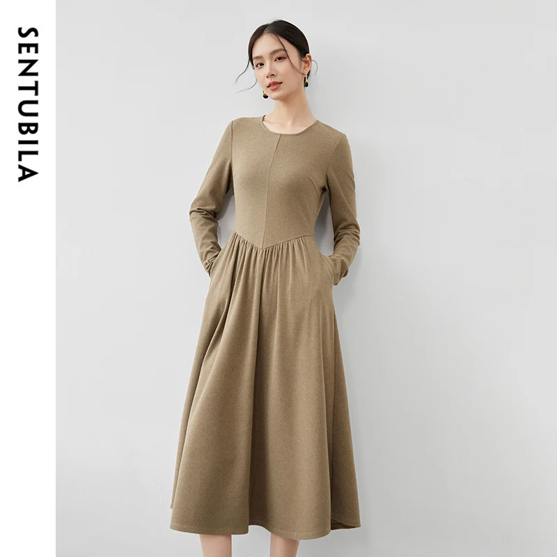 

SENTUBILA Women's Solid Color Crew Neck Long Sleeve Slim Fit Midi Dress T-Shirt Spliced Casual Commuting Underskirt 144L56998