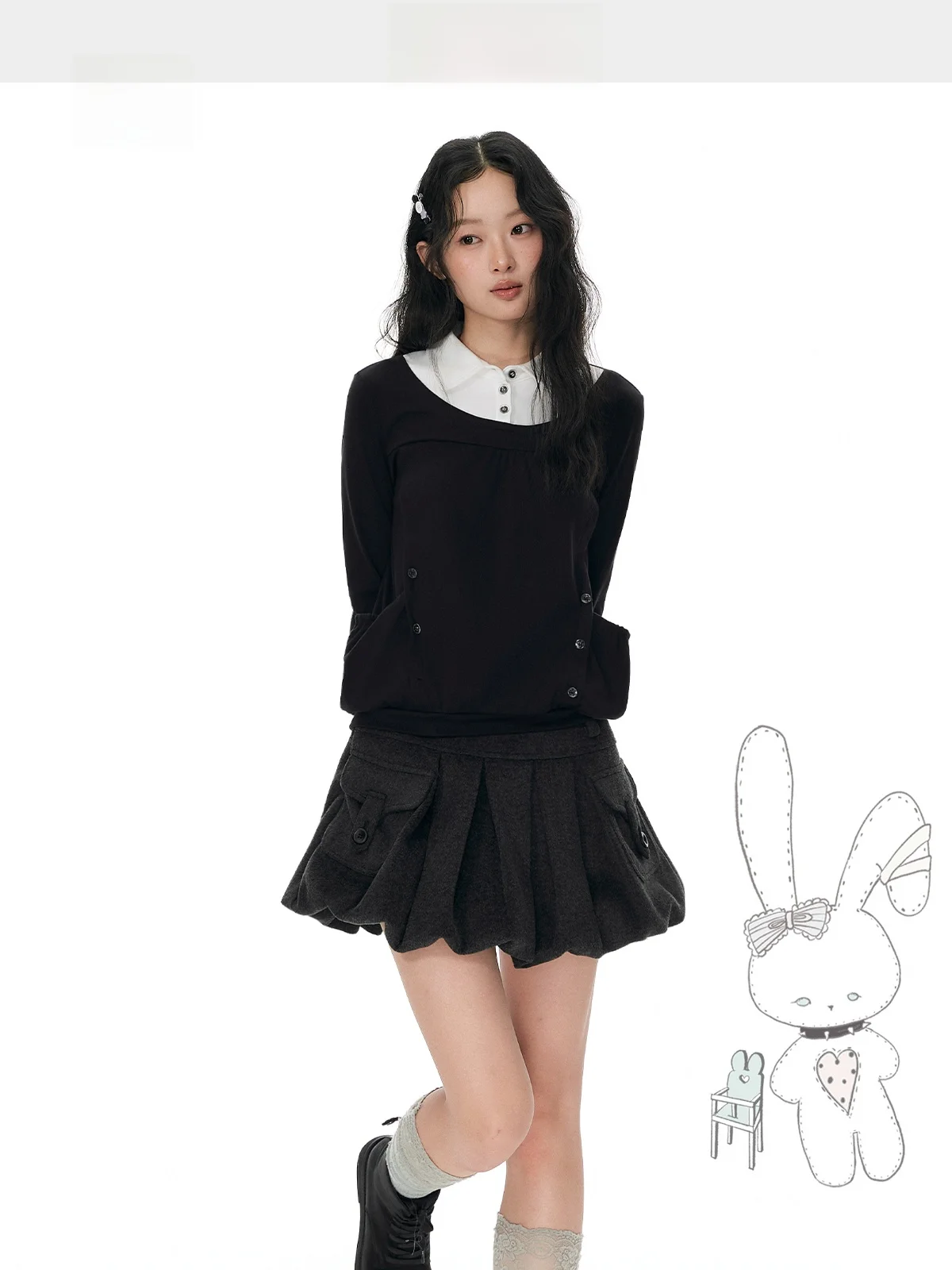 YUPH Vintage Feel Long Sleeve T-Shirt Color Block Loose Fit Pocket Detail Fake Two-Piece Style Korean Style Cotton Top
