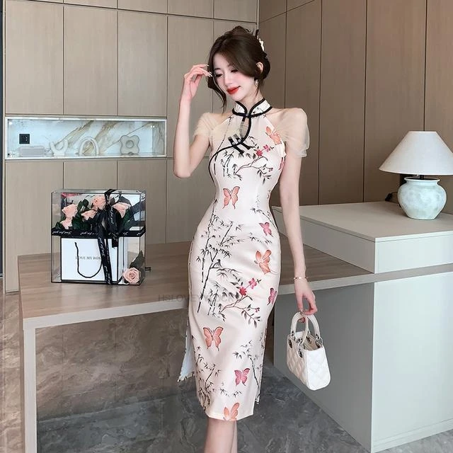 

Chinese Improved Cheongsam Butterfly Print Sleeveless Qipao Retro Sexy Evening Dress Banquet Qipao Vintage Nightclub Dress