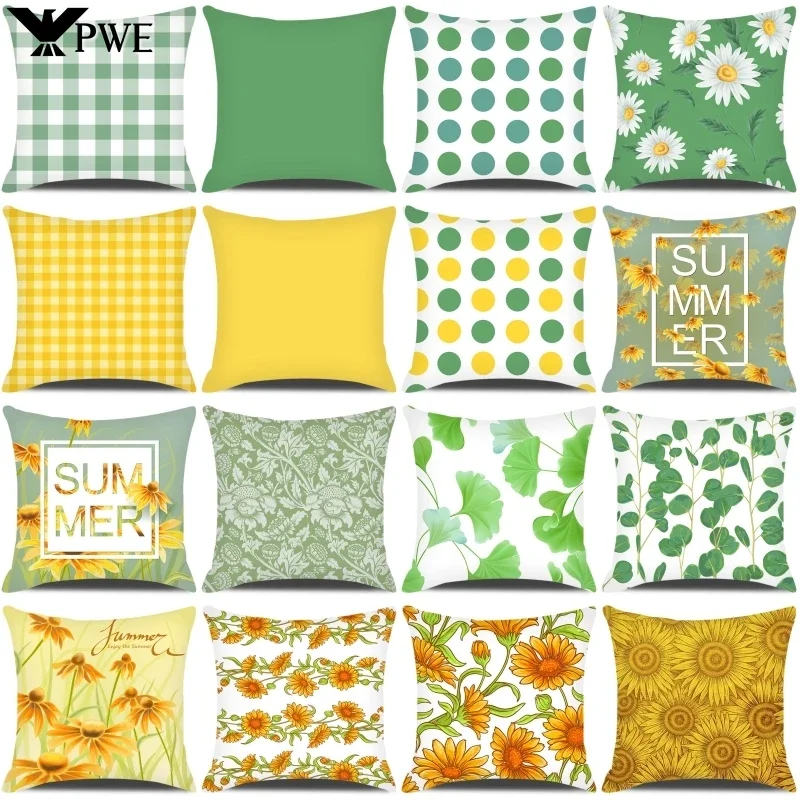 Summer Home Decor Cushion Cover 45x45cm Pillow Case for Sofa Car Green Yellow Plaid Pillowcase Daisy Flower Printed Pillow Cover