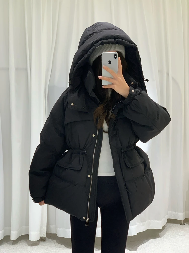 سترة نسائية عالية الخصر مع قلنسوة سترات ضيقة شتوية دافئة متوسطة الطول معاطف منتفخة على شكل بطة بيضاء ملابس خارجية معطف سميك جديد