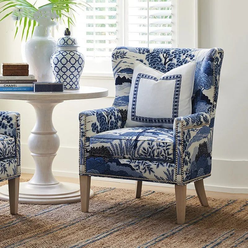 American solid wood blue and white porcelain fabric single sofa rest