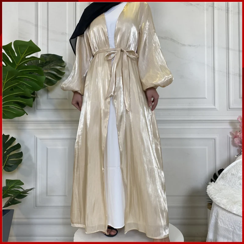 2024 New Muslim Casual Shiny Satin Cardigan Robe Coat Middle Eastern Solid Loose Sleeve Robe Clothing