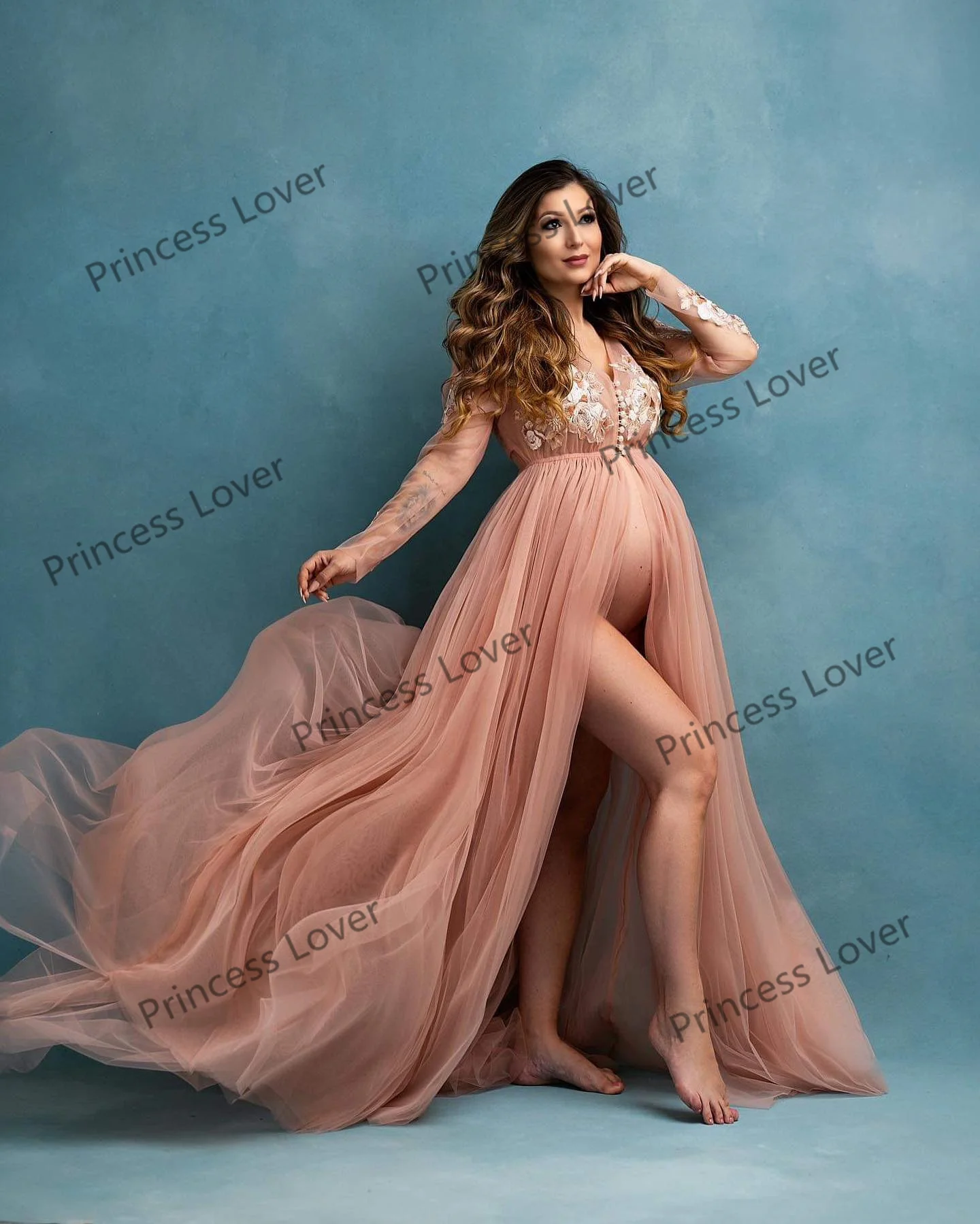 Tulle Full Sleeves Prom Dresses Women Lace Appliques Maternity Photography Gown with Slit Party Robes Baby Shower Vestidos Novia