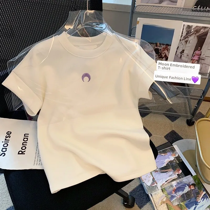 

White Moon Embroidery Short Sleeve T-Shirt Women's 2025 New Design round Neck Top Versatile Korean Style Slim Fit Silk Blend