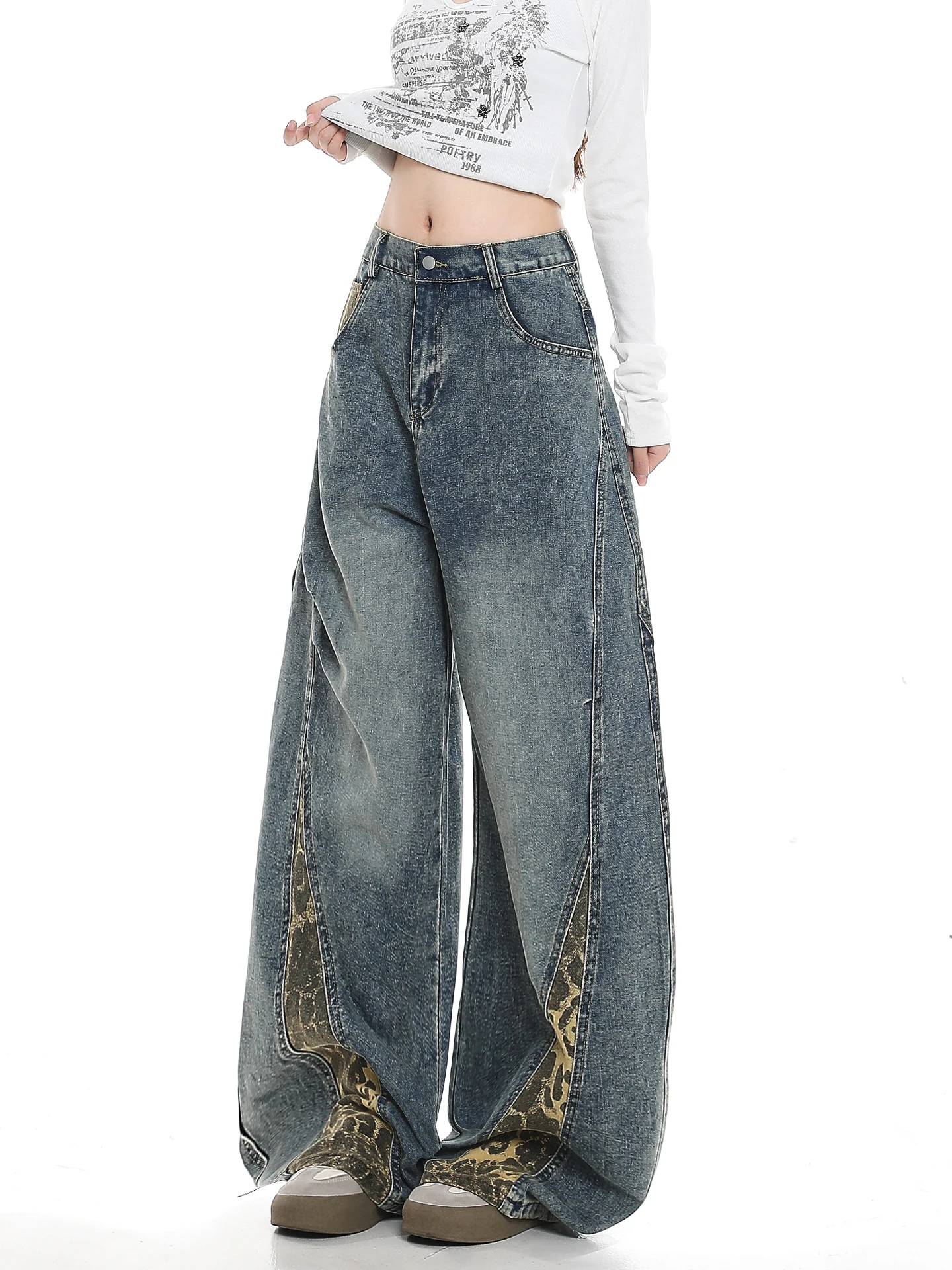 American Street Style Leopard Print Patchwork Jeans Women's Spring New Loose Slimming High Waist Straight Leg Wide Leg Pants