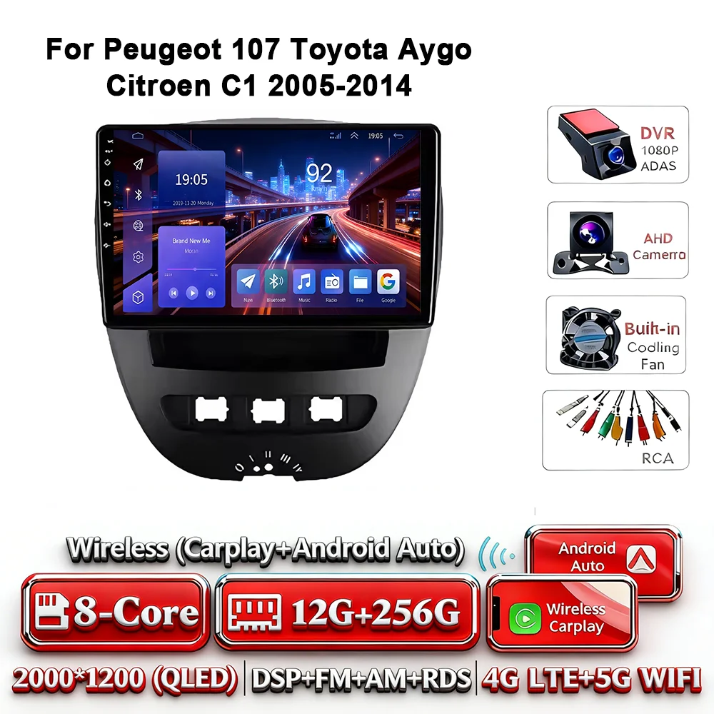 Android 17 Carplay Auto 4G WIFI autoradio voor Peugeot 107 Toyota Aygo Citroen C1 2005-2014 GPS BT DSP touchscreen multimedia