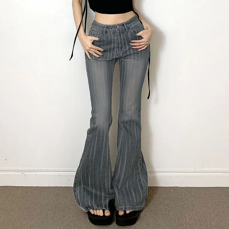 

Flare Pants Stripe Low Rise Vintage Jeans For Women Aesthetic Fashion Y2k Streetwear Denim Trousers Femme Retro Korean